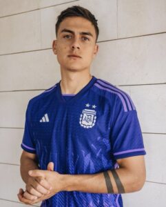 Paulo Dybala wearing the new Argentina away shirt for the 2022 World Cup in Qatar.